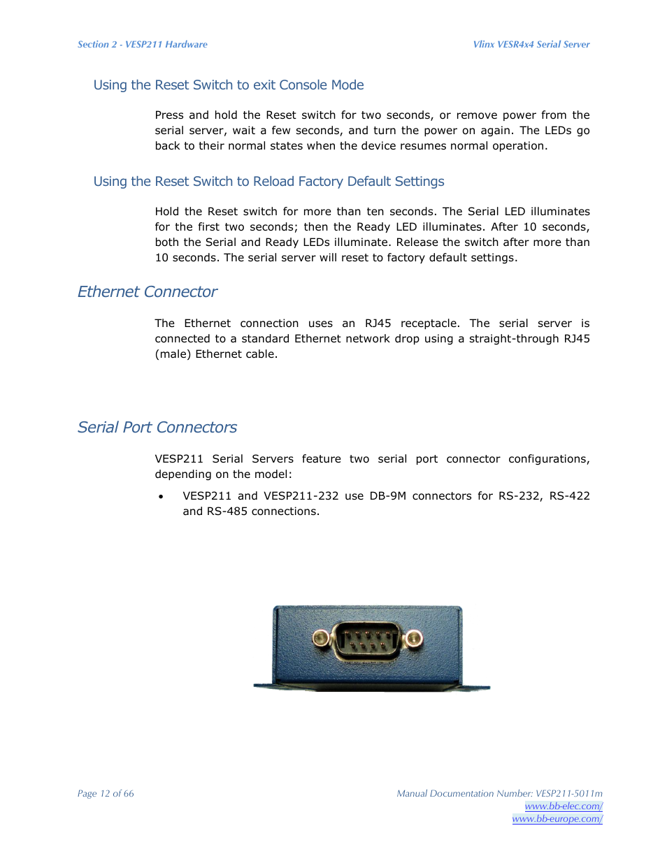 Ethernet connector, Serial port connectors | B&B Electronics VESP211 Series - Manual User Manual | Page 12 / 66