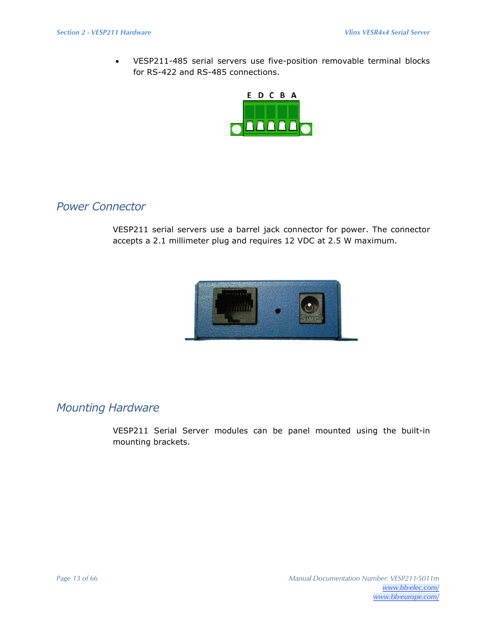 Power connector, Mounting hardware | B&B Electronics VESP211 Series - Manual User Manual | Page 13 / 66