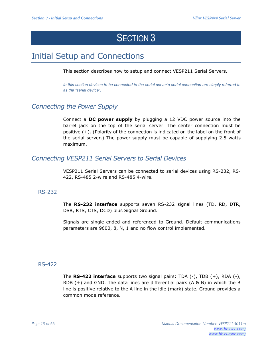 Ection, Initial setup and connections | B&B Electronics VESP211 Series - Manual User Manual | Page 15 / 66