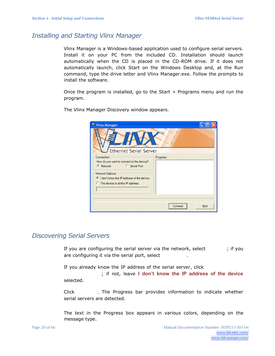 Installing and starting vlinx manager, Discovering serial servers | B&B Electronics VESP211 Series - Manual User Manual | Page 20 / 66
