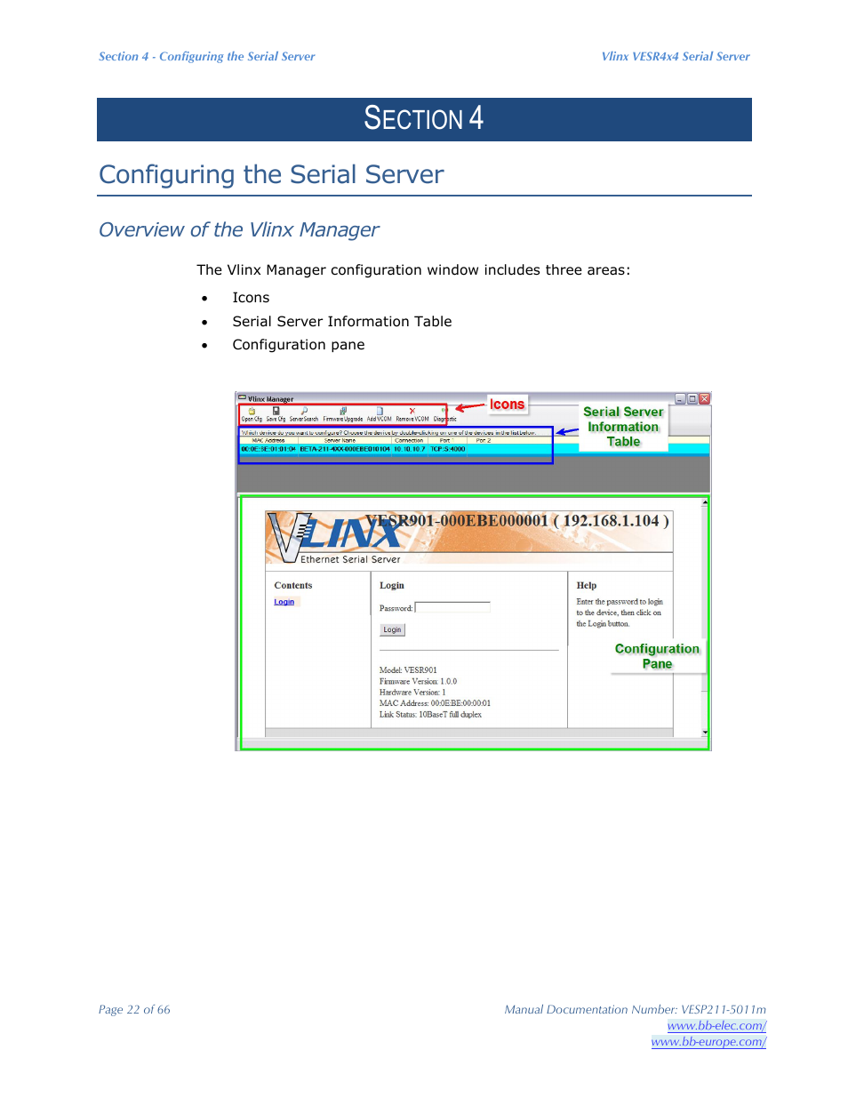 Ection, Configuring the serial server, Overview of the vlinx manager | B&B Electronics VESP211 Series - Manual User Manual | Page 22 / 66