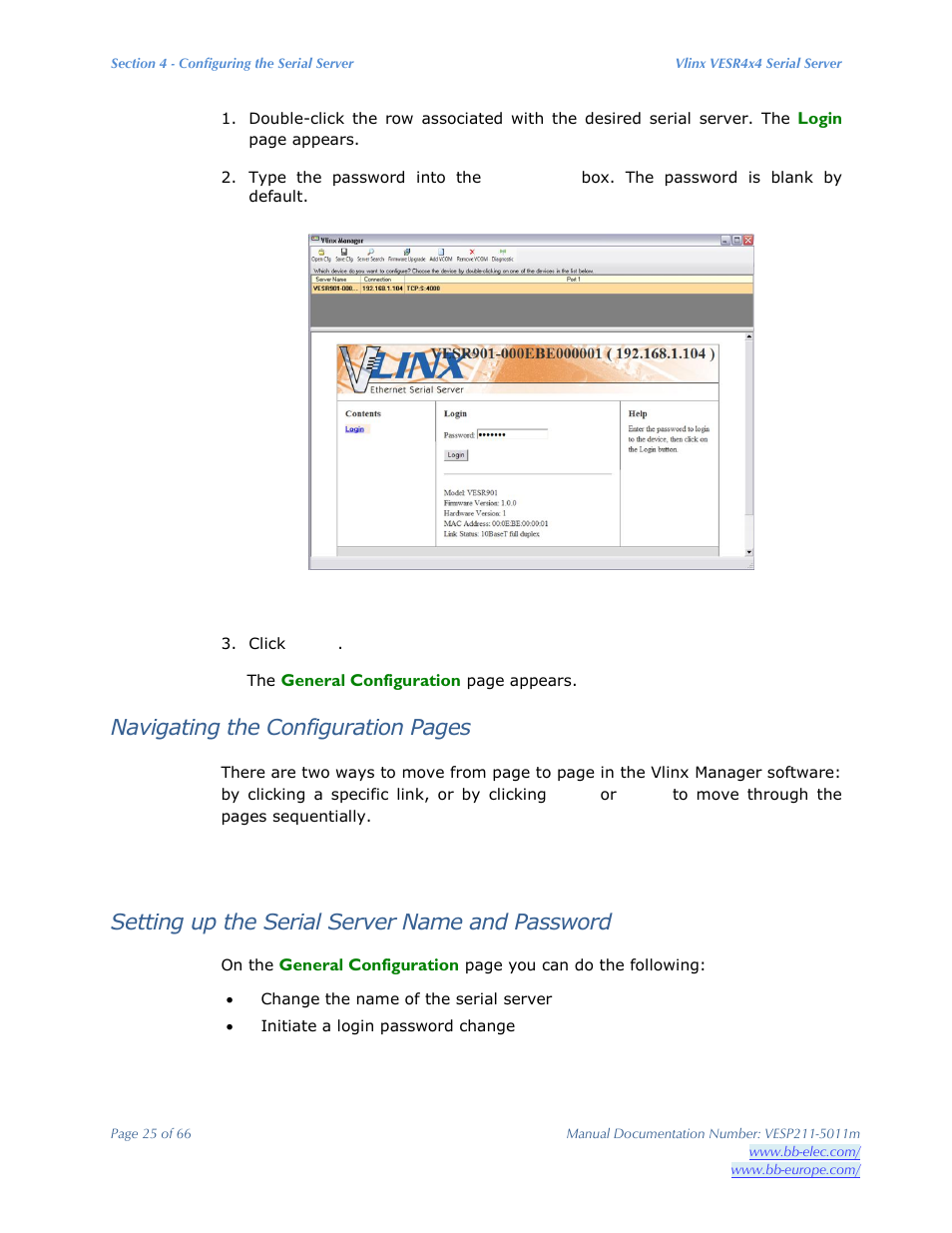 Navigating the configuration pages, Setting up the serial server name and password | B&B Electronics VESP211 Series - Manual User Manual | Page 25 / 66