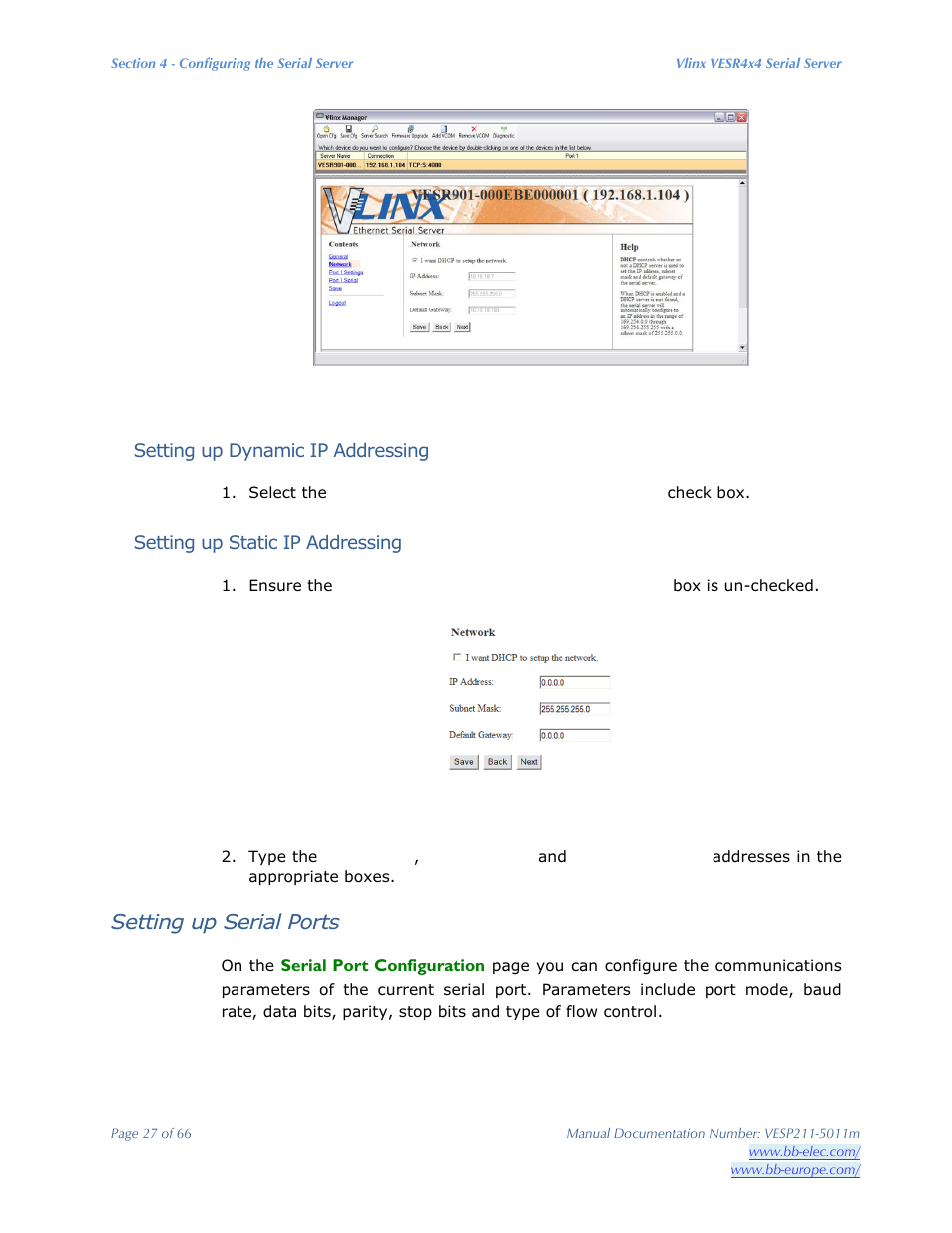 Setting up serial ports | B&B Electronics VESP211 Series - Manual User Manual | Page 27 / 66
