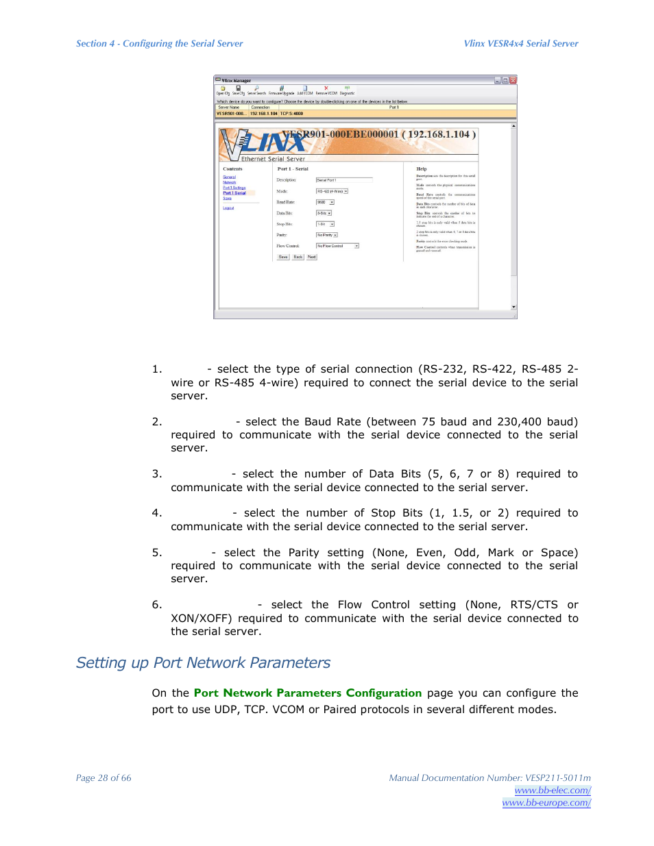 Setting up port network parameters | B&B Electronics VESP211 Series - Manual User Manual | Page 28 / 66