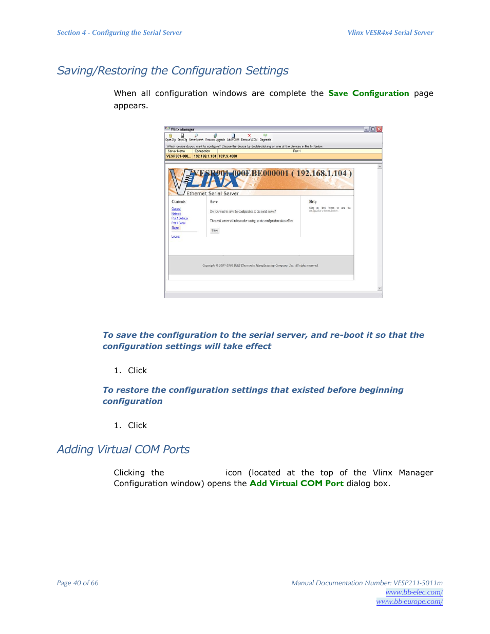 Saving/restoring the configuration settings, Adding virtual com ports | B&B Electronics VESP211 Series - Manual User Manual | Page 40 / 66