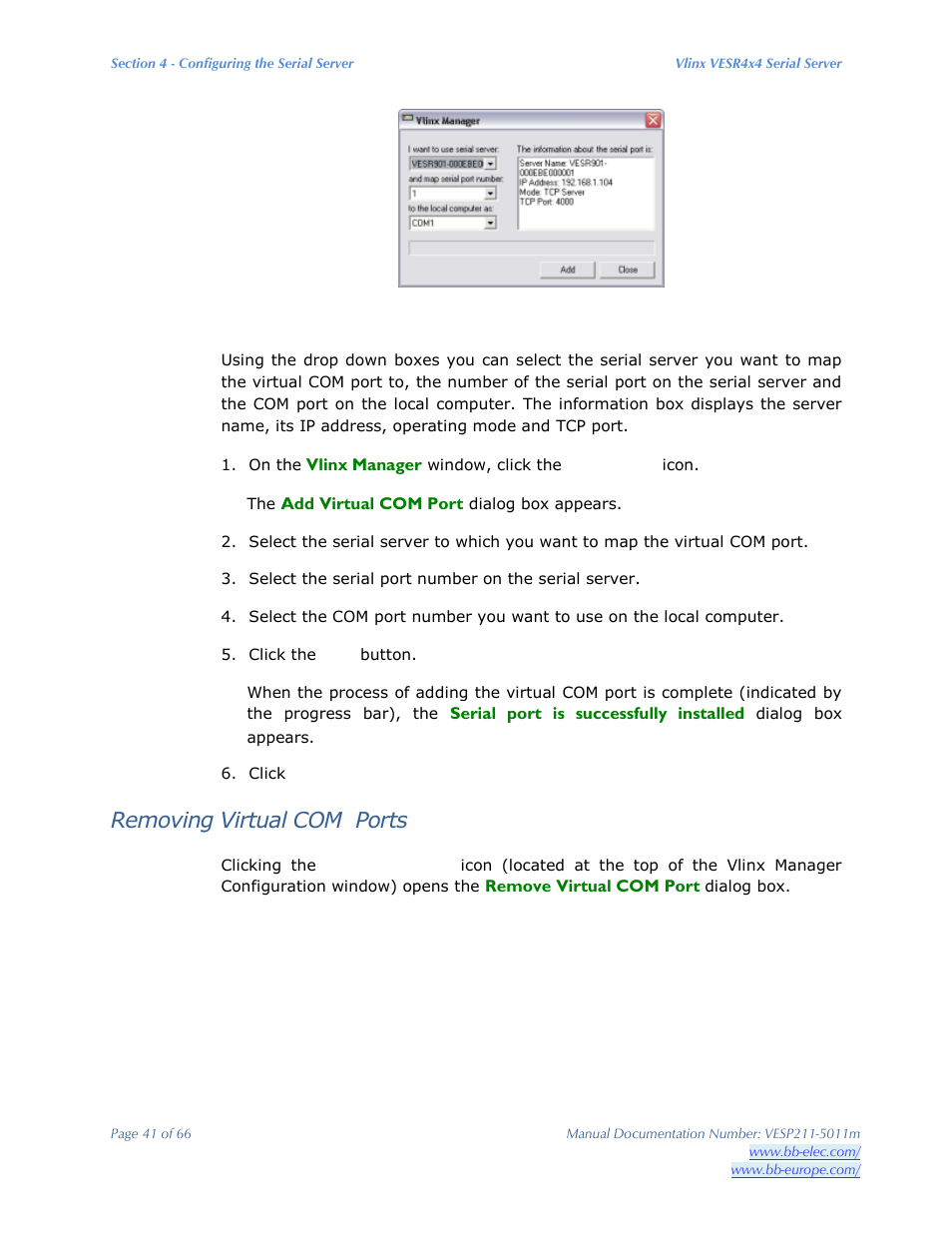 Removing virtual com ports | B&B Electronics VESP211 Series - Manual User Manual | Page 41 / 66