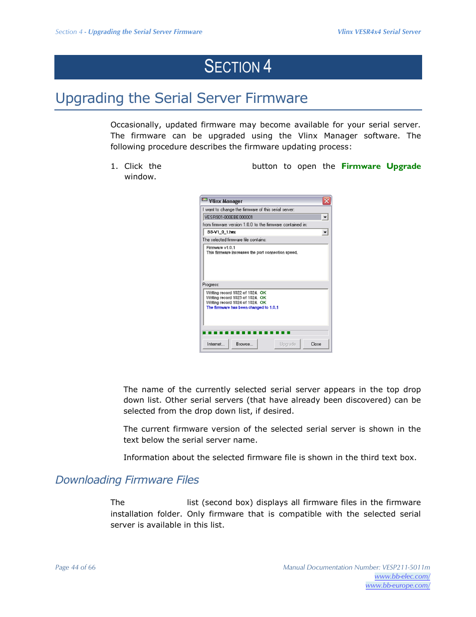 Ection, Upgrading the serial server firmware, Downloading firmware files | B&B Electronics VESP211 Series - Manual User Manual | Page 44 / 66