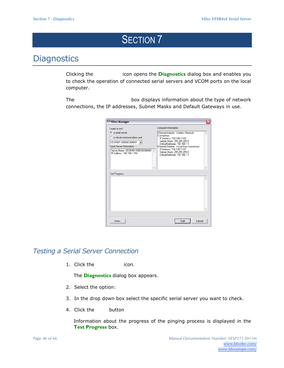 Ection, Diagnostics, Testing a serial server connection | B&B Electronics VESP211 Series - Manual User Manual | Page 46 / 66