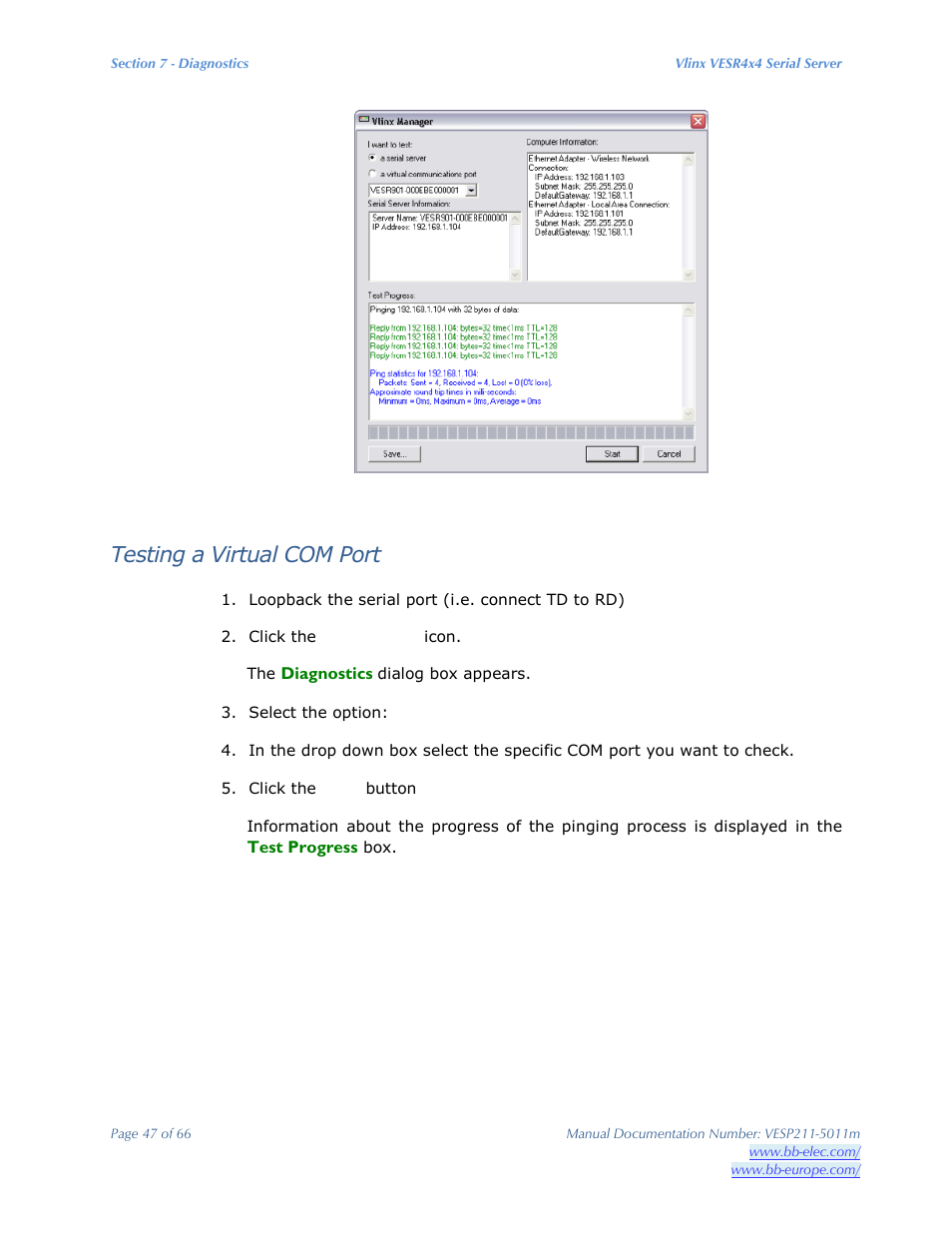 Testing a virtual com port | B&B Electronics VESP211 Series - Manual User Manual | Page 47 / 66
