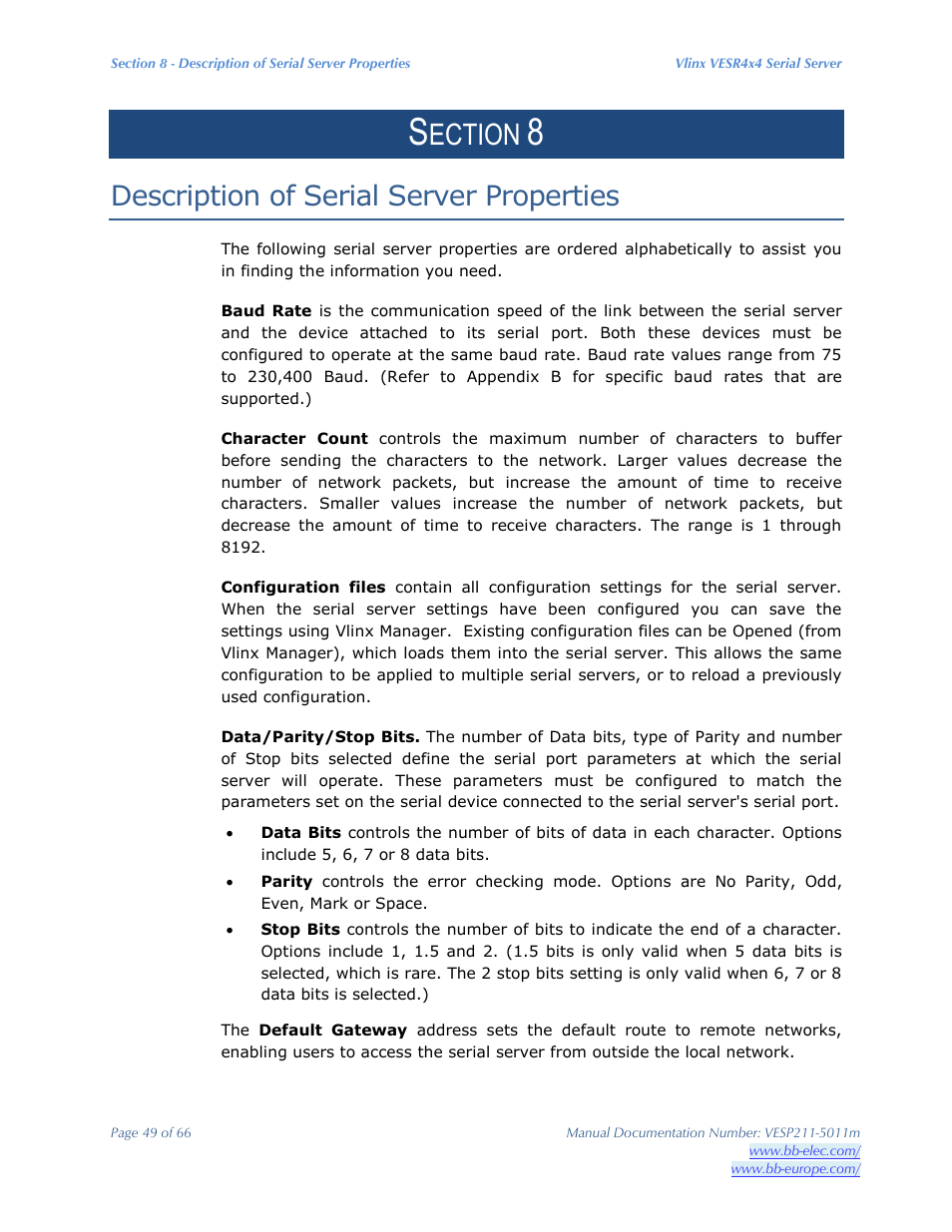 Ection, Description of serial server properties | B&B Electronics VESP211 Series - Manual User Manual | Page 49 / 66