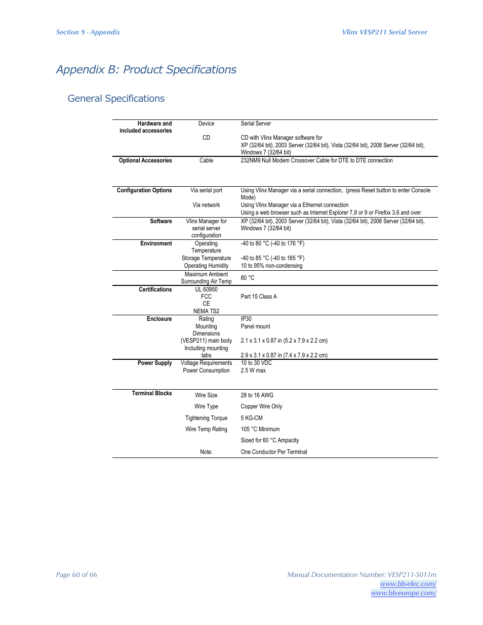 Appendix b: product specifications, General specifications | B&B Electronics VESP211 Series - Manual User Manual | Page 60 / 66