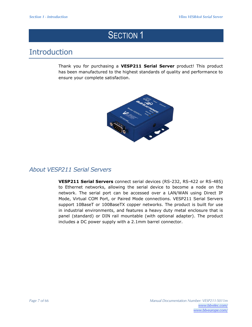 Ection, Introduction | B&B Electronics VESP211 Series - Manual User Manual | Page 7 / 66