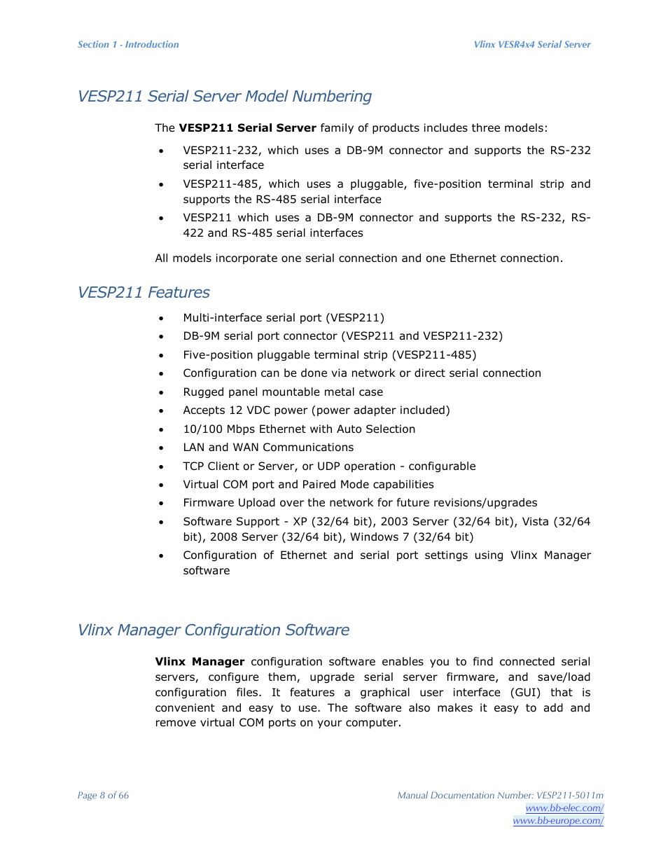 Vesp211 serial server model numbering, Vesp211 features, Vlinx manager configuration software | B&B Electronics VESP211 Series - Manual User Manual | Page 8 / 66