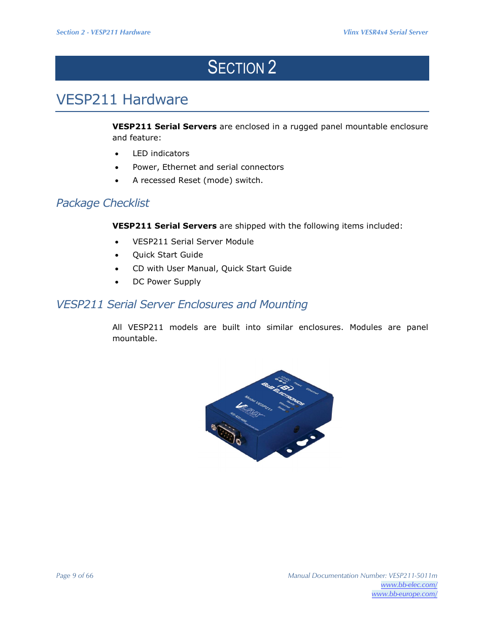 Ection, Vesp211 hardware, Package checklist | Vesp211 serial server enclosures and mounting | B&B Electronics VESP211 Series - Manual User Manual | Page 9 / 66