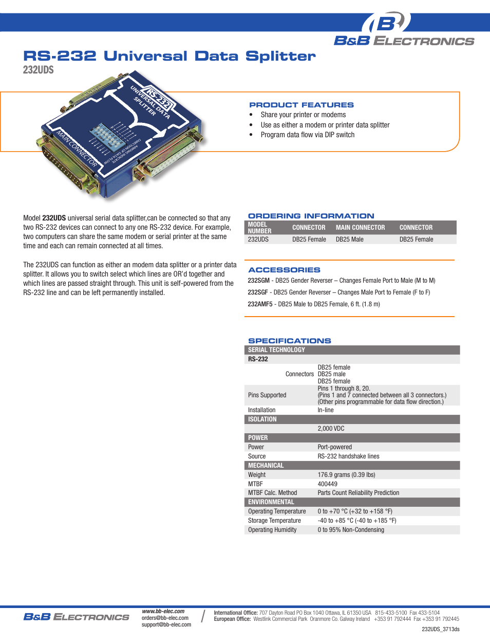 B&B Electronics 232UDS - Datasheet User Manual | 1 page