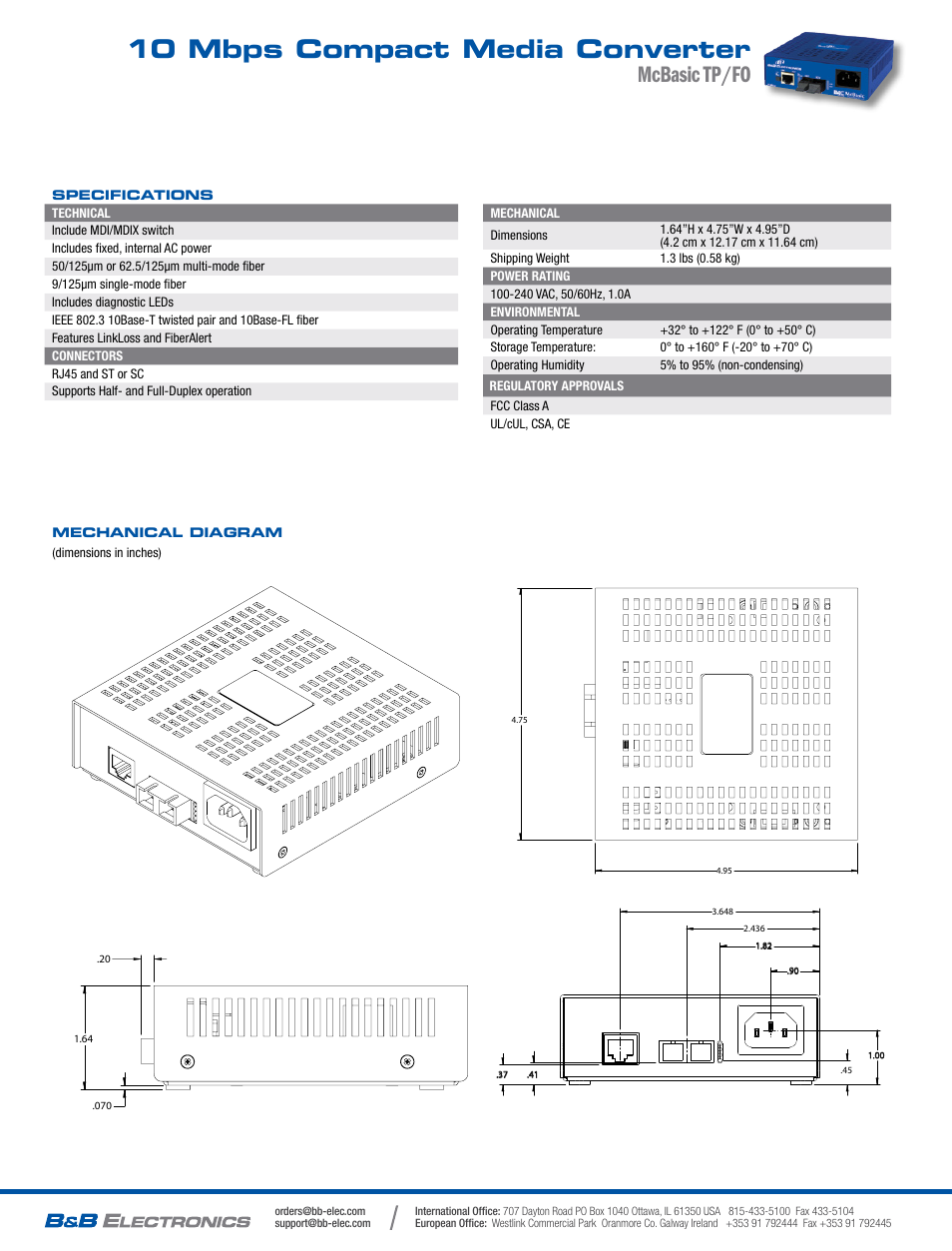 10 mbps compact media converter, Mcbasic tp/fo | B&B Electronics 855-10230--40 - Datasheet User Manual | Page 2 / 2