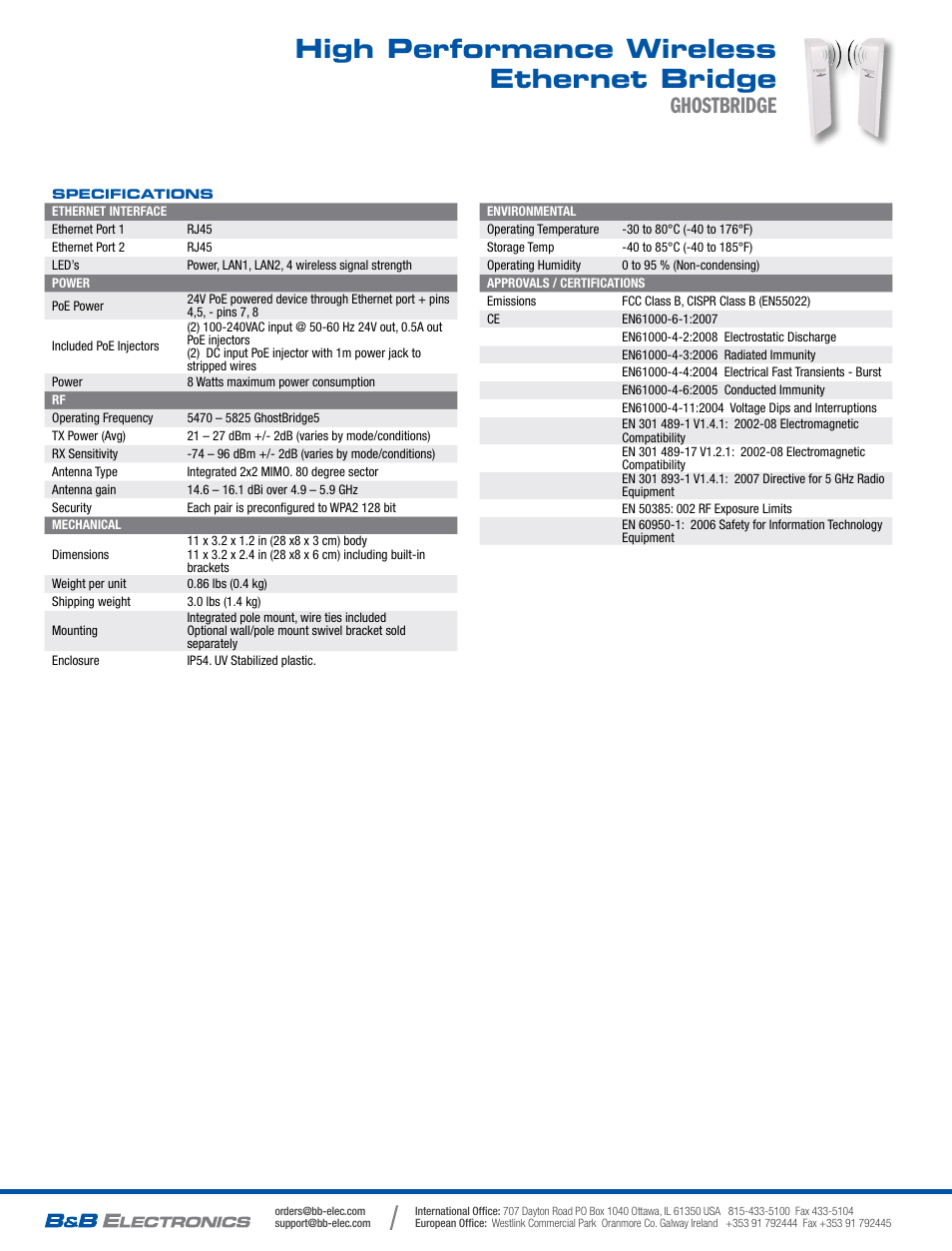 High performance wireless ethernet bridge, Ghostbridge | B&B Electronics GHOSTBRIDGE5 - Datasheet User Manual | Page 2 / 2