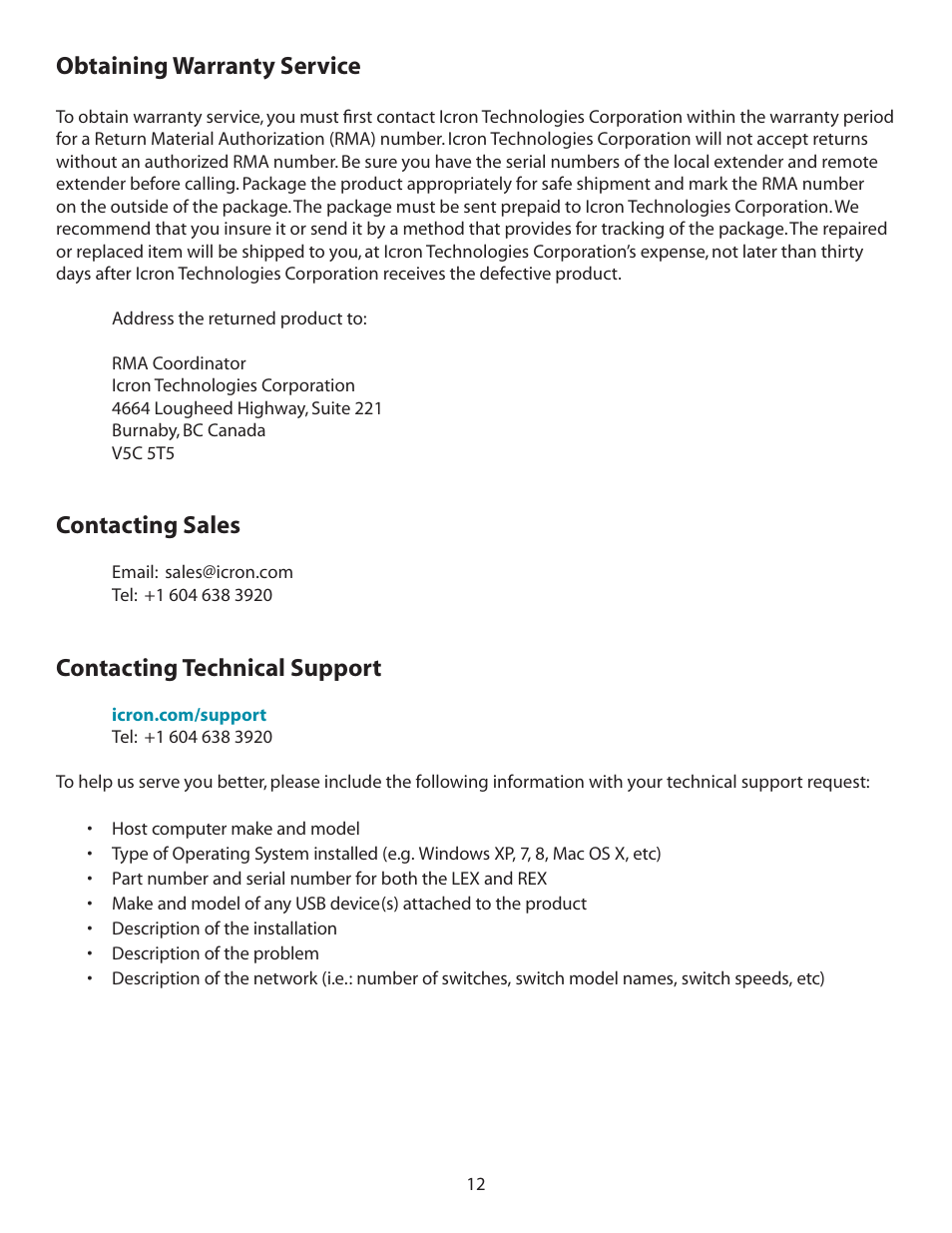 Obtaining warranty service, Contacting sales, Contacting technical support | B&B Electronics 00-00347--50 - Manual User Manual | Page 13 / 16