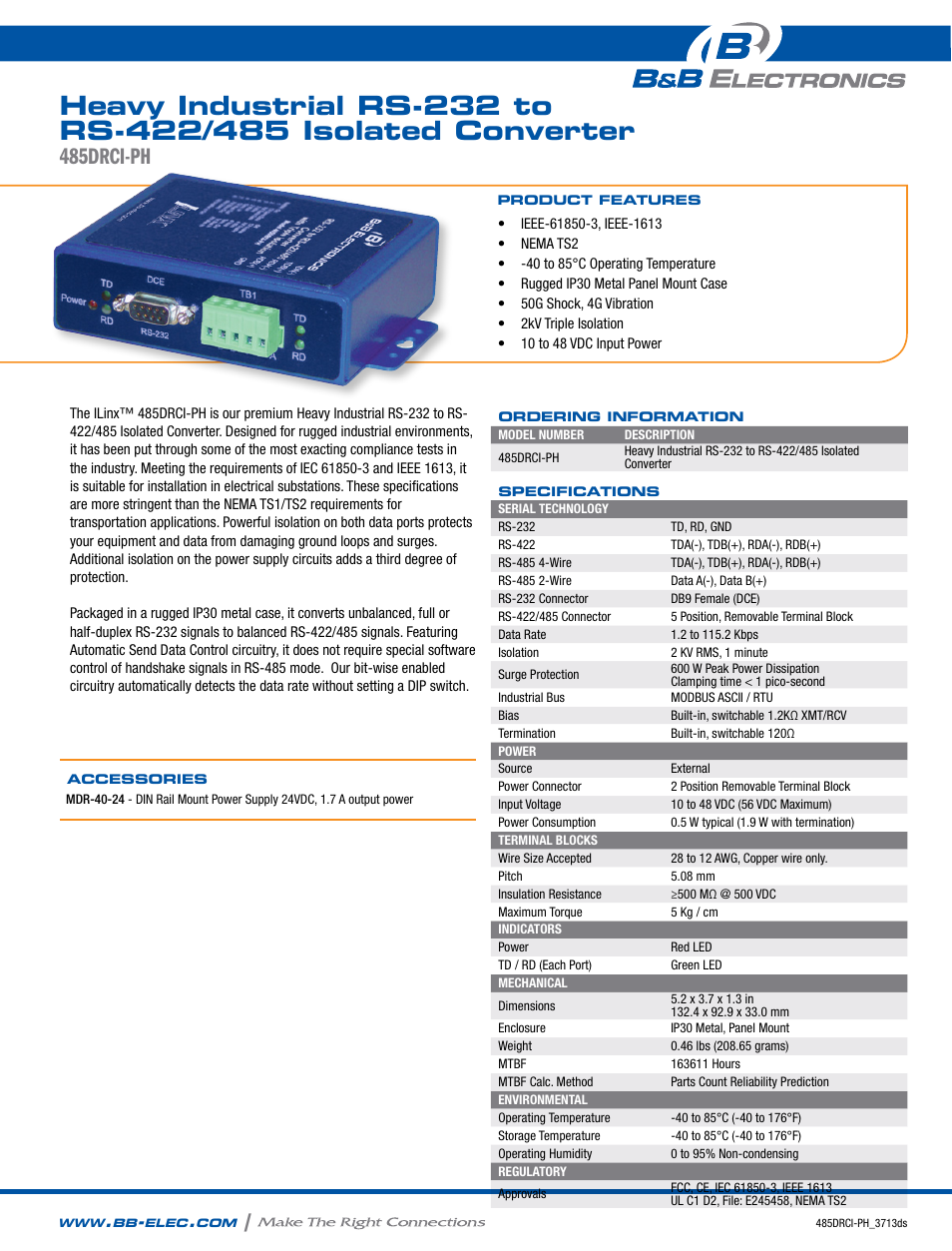 B&B Electronics 485DRCI-PH - Datasheet User Manual | 2 pages