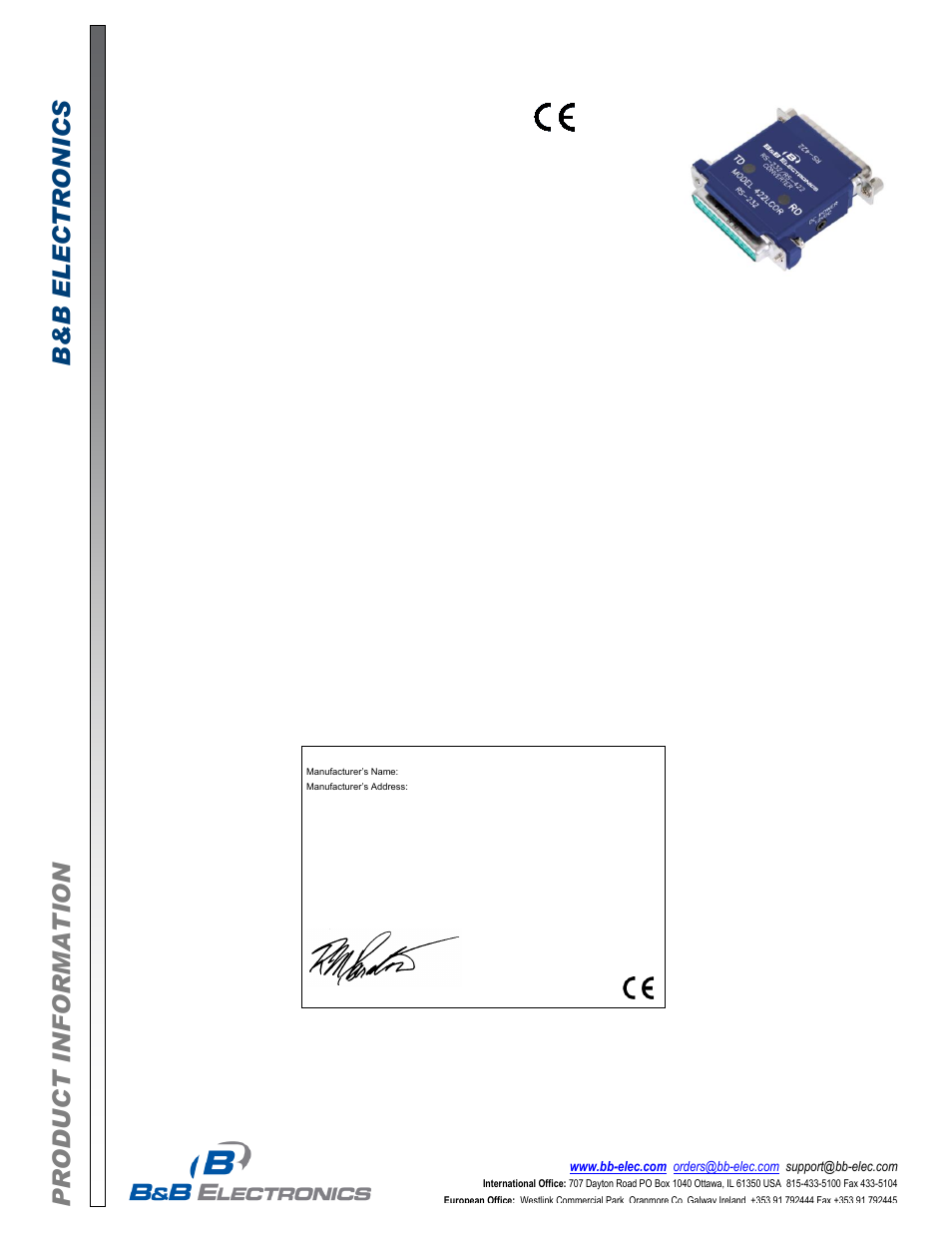 B&B Electronics 422LCOR - Datasheet User Manual | 2 pages