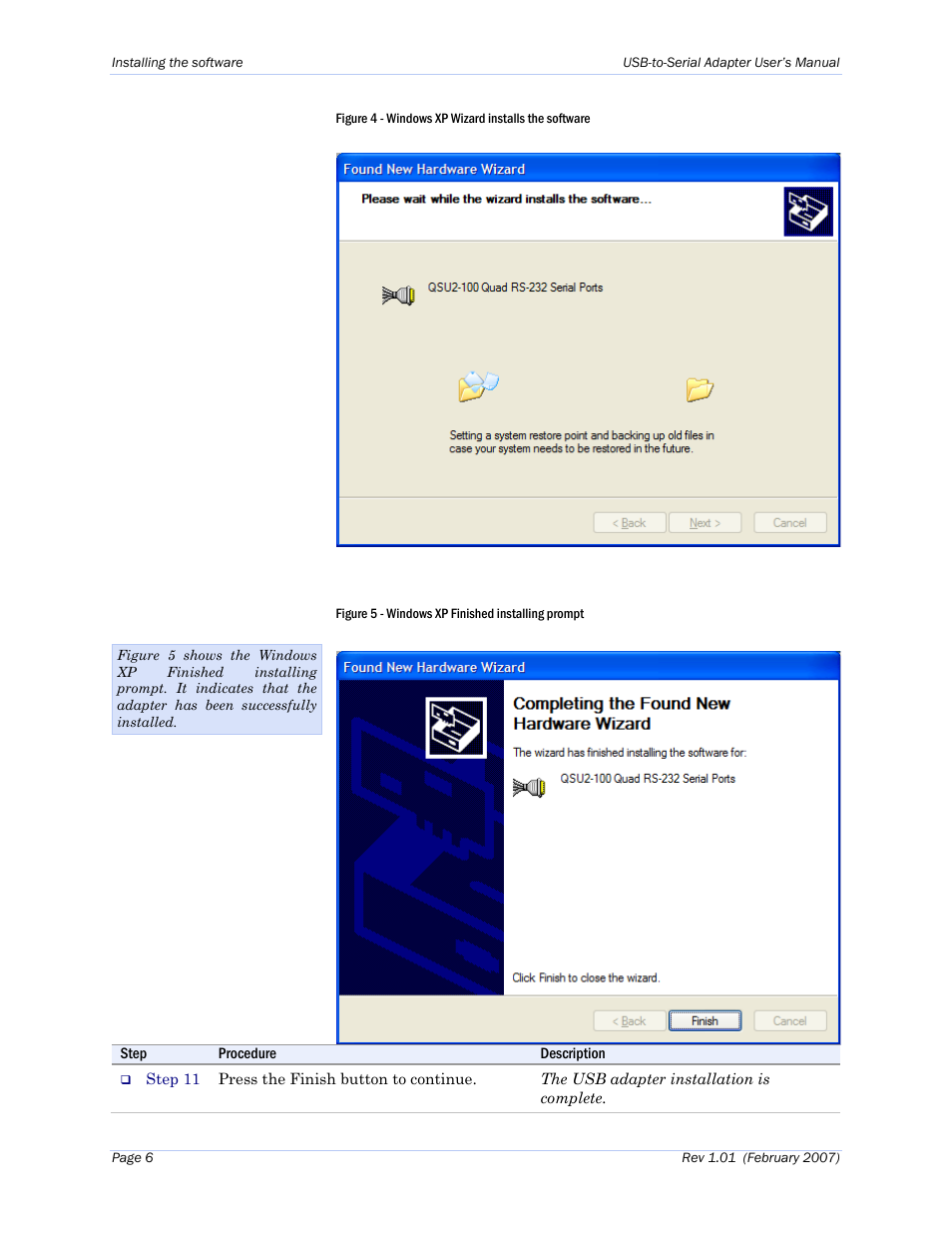 Figure 4 - windows xp wizard installs the software, Figure 5 - windows xp finished installing prompt | B&B Electronics ESU2-400 - Manual User Manual | Page 10 / 31