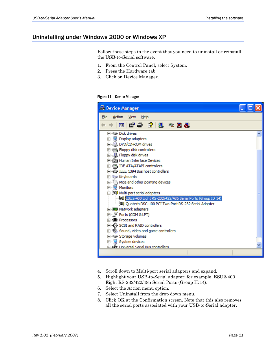 Uninstalling under windows 2000 or windows xp, Figure 11 – device manager | B&B Electronics ESU2-400 - Manual User Manual | Page 15 / 31