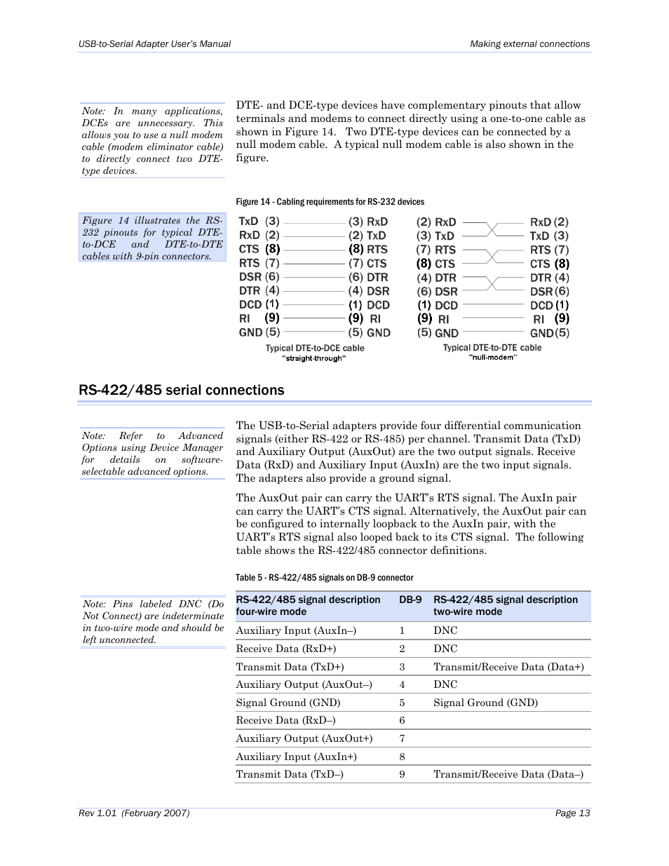 Rs-422/485 serial connections, Table 5 - rs-422/485 signals on db-9 connector | B&B Electronics ESU2-400 - Manual User Manual | Page 17 / 31