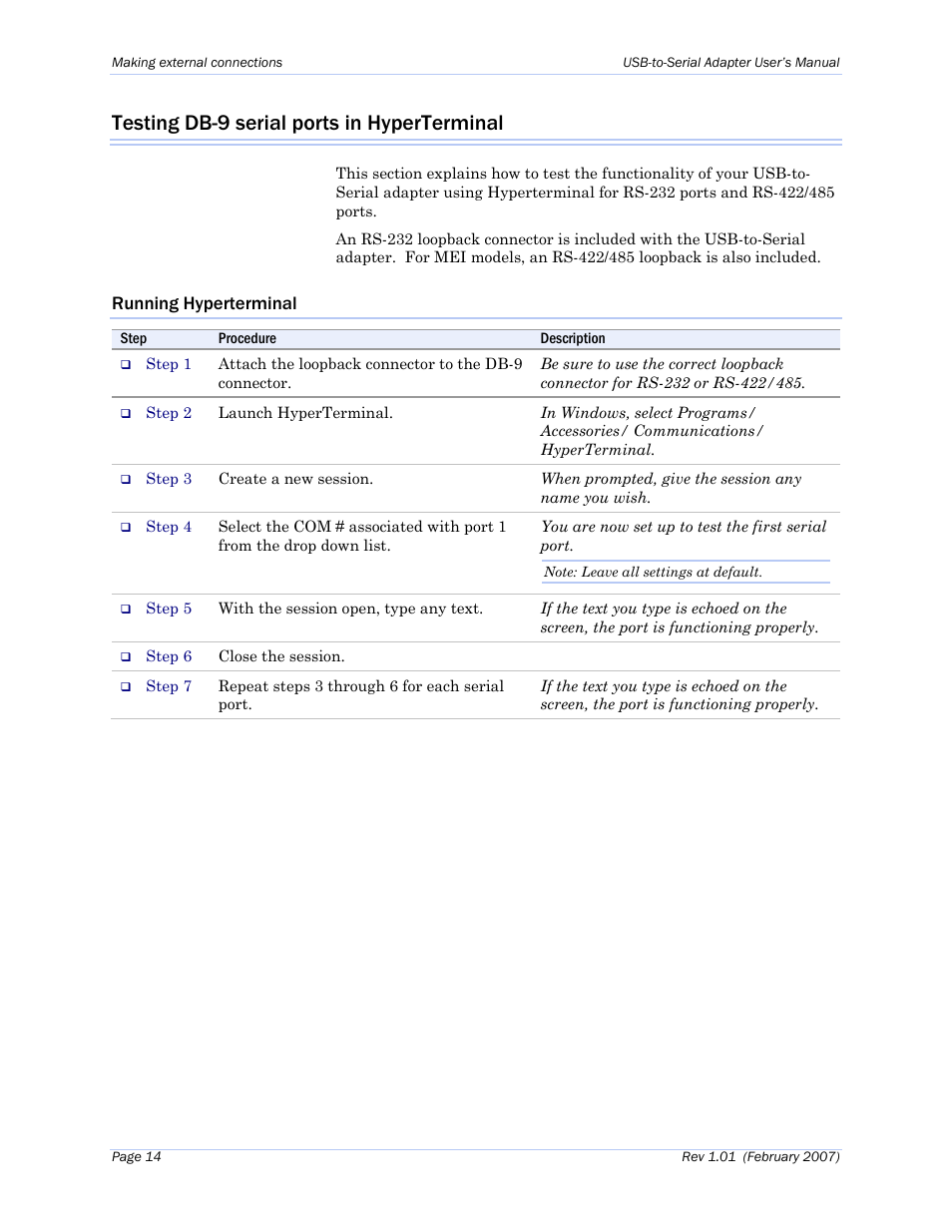 Testing db-9 serial ports in hyperterminal, Running hyperterminal | B&B Electronics ESU2-400 - Manual User Manual | Page 18 / 31