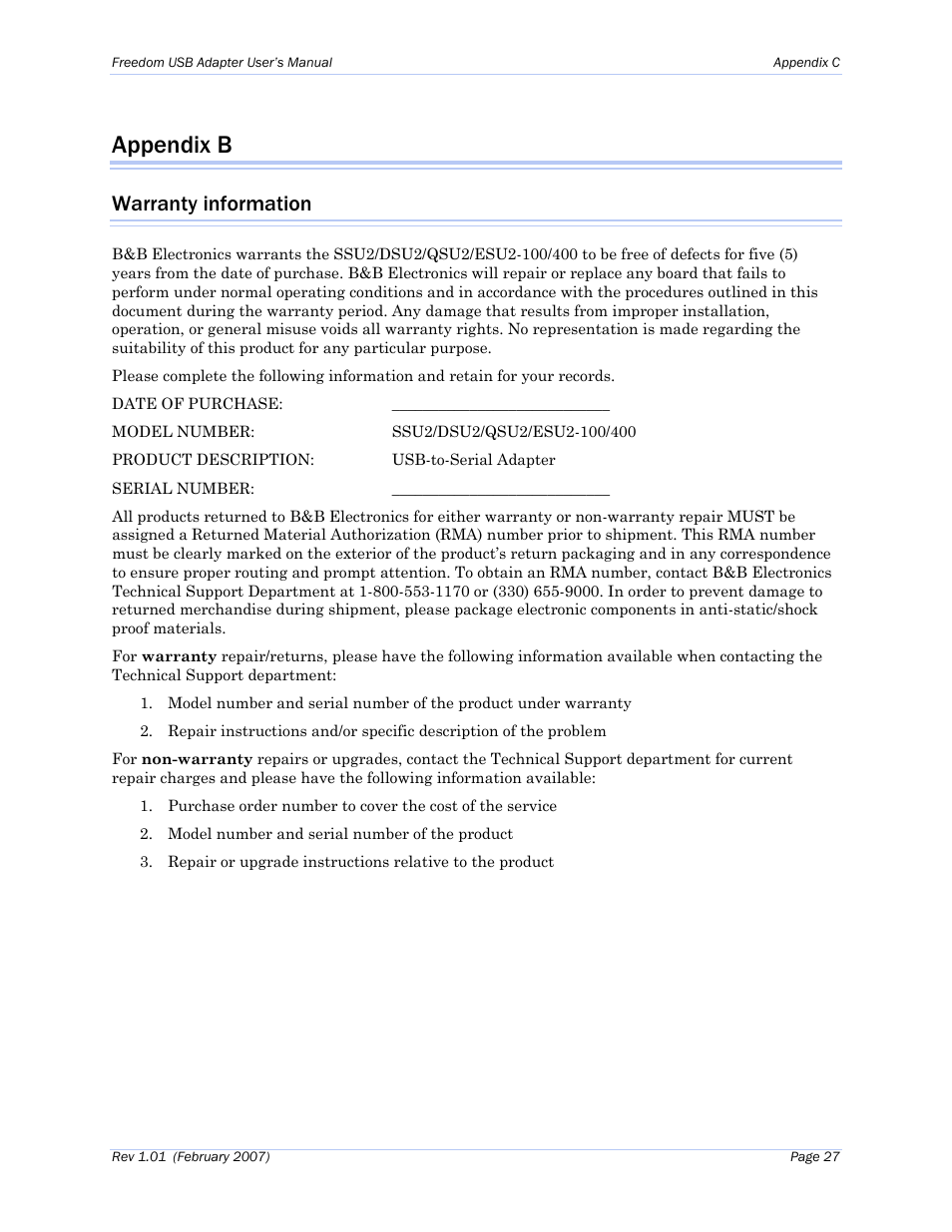 Appendix b, Warranty information | B&B Electronics ESU2-400 - Manual User Manual | Page 31 / 31