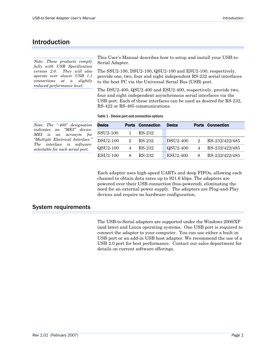 Introduction, System requirements, Table 1 - device port and connection options | B&B Electronics ESU2-400 - Manual User Manual | Page 5 / 31