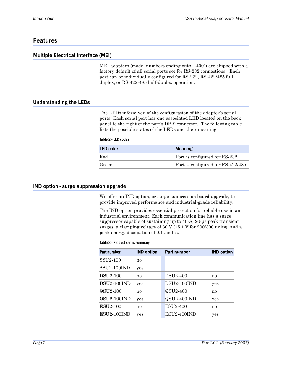 Features, Multiple electrical interface (mei), Understanding the leds | Ind option - surge suppression upgrade, Table 2 - led codes, Table 3 - product series summary | B&B Electronics ESU2-400 - Manual User Manual | Page 6 / 31