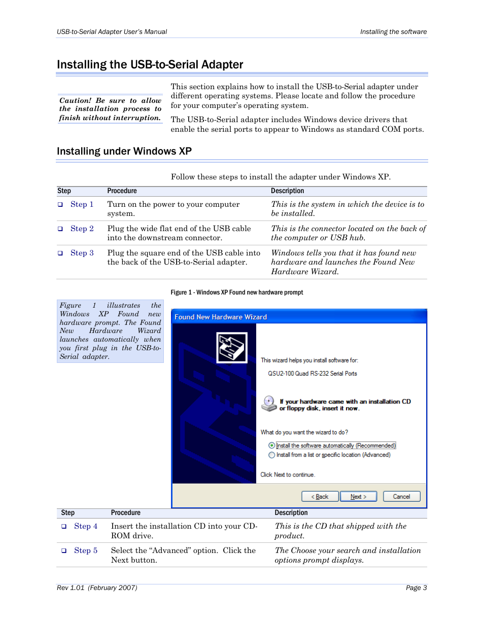 Installing the usb-to-serial adapter, Installing under windows xp, Figure 1 - windows xp found new hardware prompt | B&B Electronics ESU2-400 - Manual User Manual | Page 7 / 31