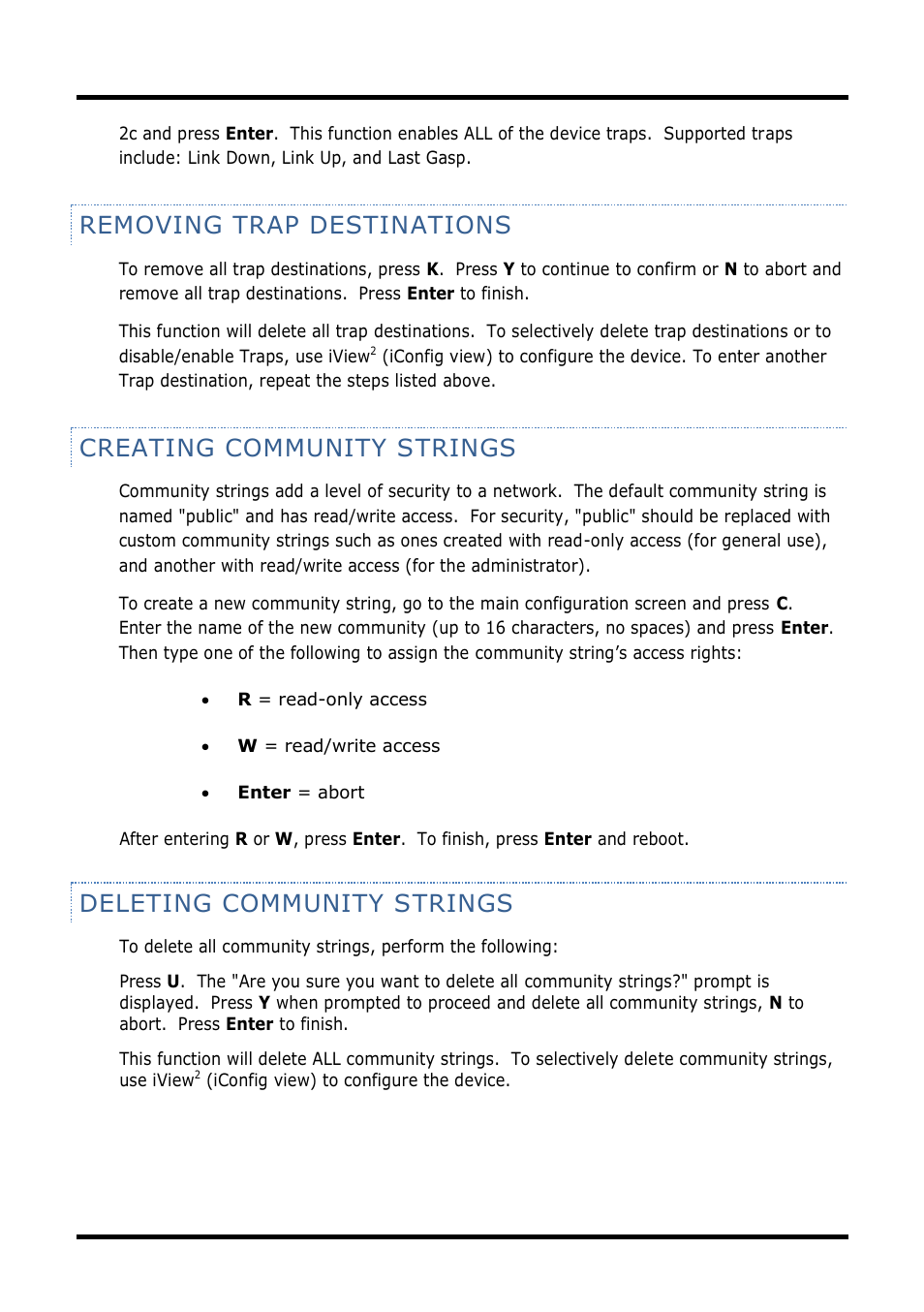 Removing trap destinations, Creating community strings, Deleting community strings | B&B Electronics 856-14205--29 - Manual User Manual | Page 20 / 73
