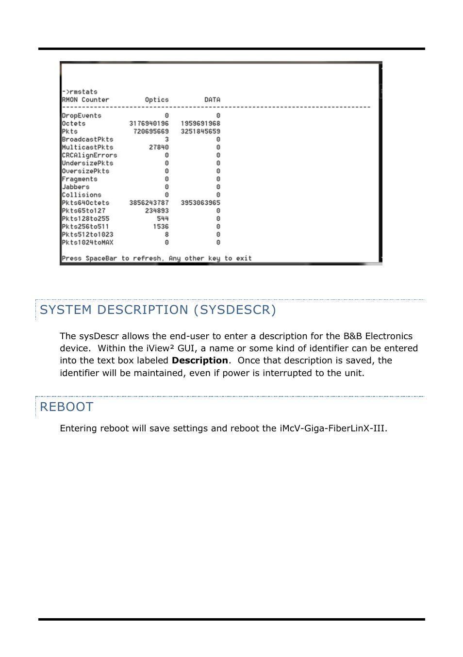 System description (sysdescr), Reboot | B&B Electronics 856-14205--29 - Manual User Manual | Page 34 / 73