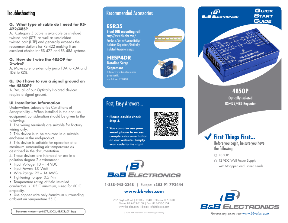 485op, First things first, Troubleshooting fast, easy answers | Recommended accessories, Hesp4dr, Esr35 | B&B Electronics 485OP - Quick Start Guide User Manual | Page 2 / 2