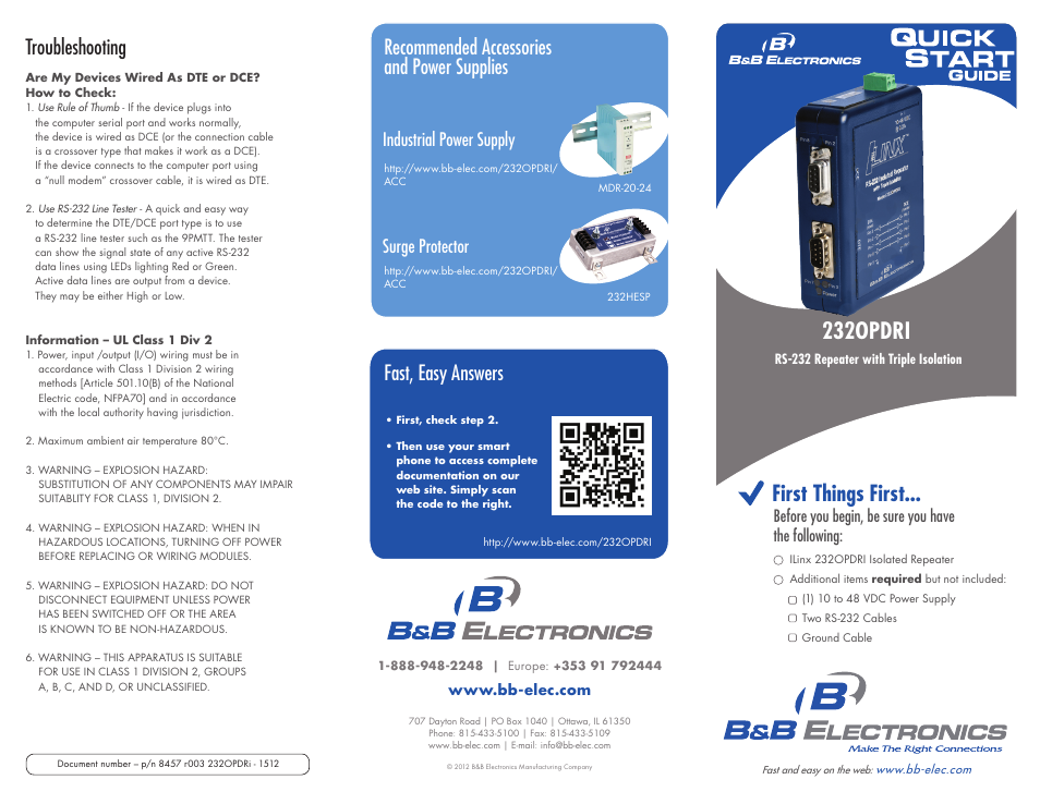 First things first, 232opdri, Troubleshooting | Recommended accessories and power supplies, Fast, easy answers, Surge protector industrial power supply, Before you begin, be sure you have the following | B&B Electronics 232OPDRI - Quick Start Guide User Manual | Page 2 / 2
