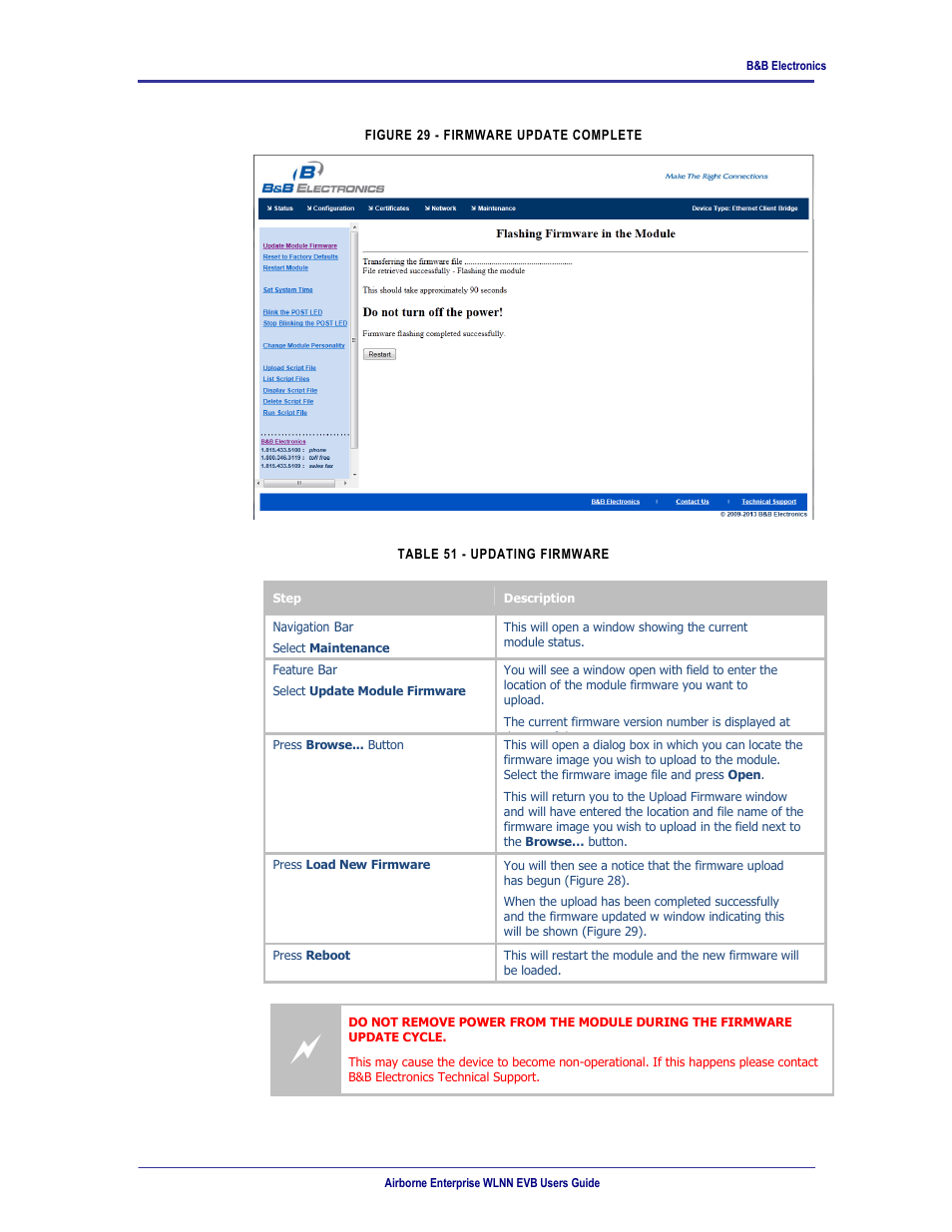 0 using the amc application, Table 51 - updating firmware, Figure 29 - firmware update complete | B&B Electronics WLNN-EK-DP551 - User Manual User Manual | Page 50 / 58