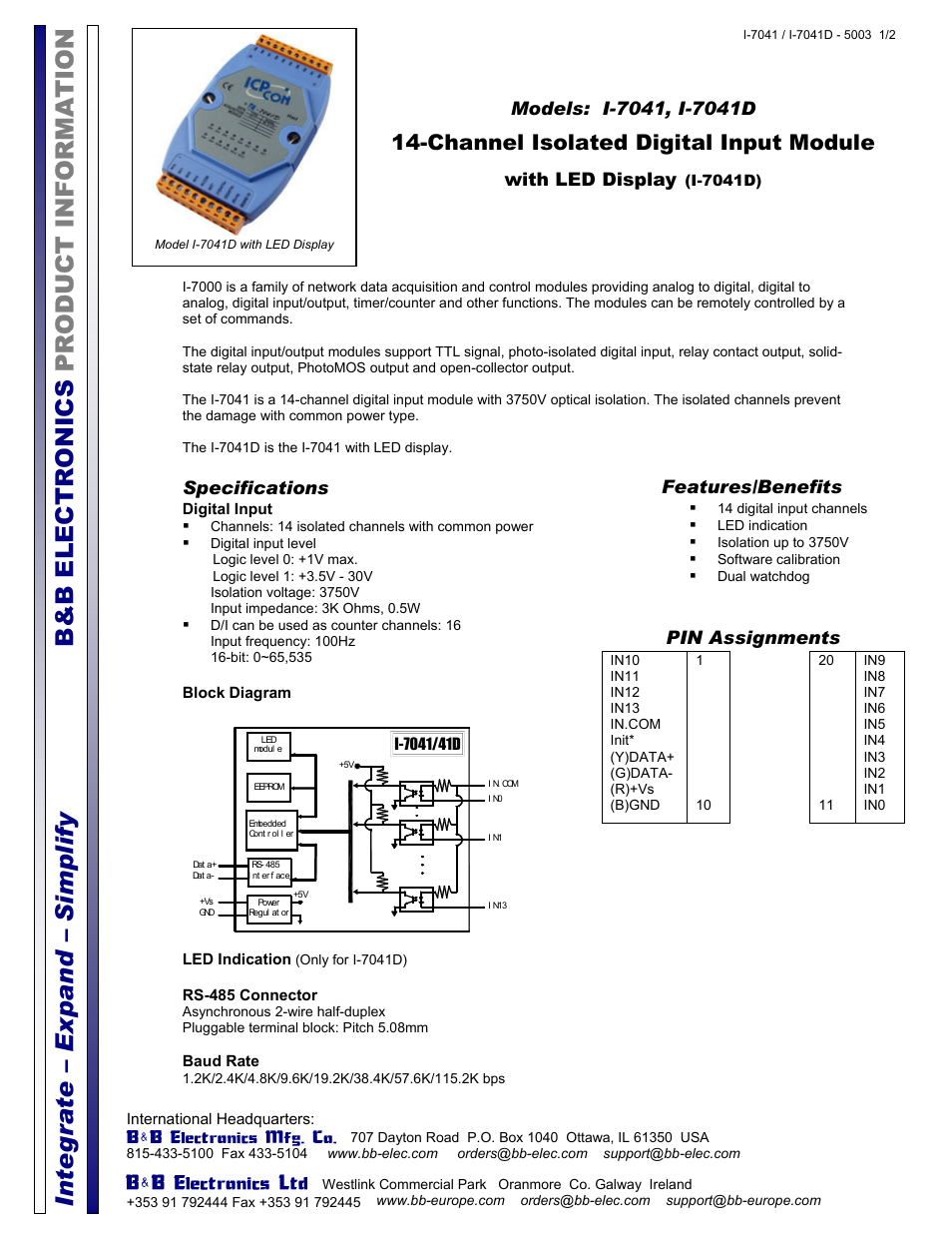 B&B Electronics I-7041D - Datasheet User Manual | 2 pages