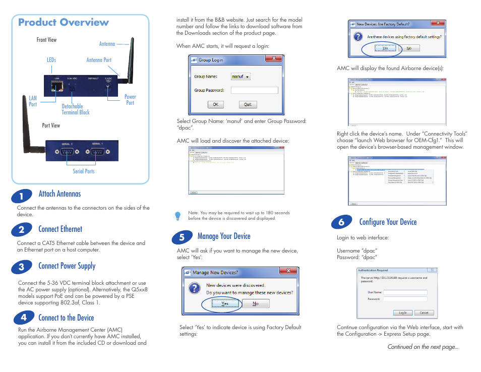 Product overview, Connect ethernet attach antennas, Connect to the device | Manage your device, Connect power supply, Configure your device | B&B Electronics APXN-Q5428 - Quick Start Guide User Manual | Page 2 / 2