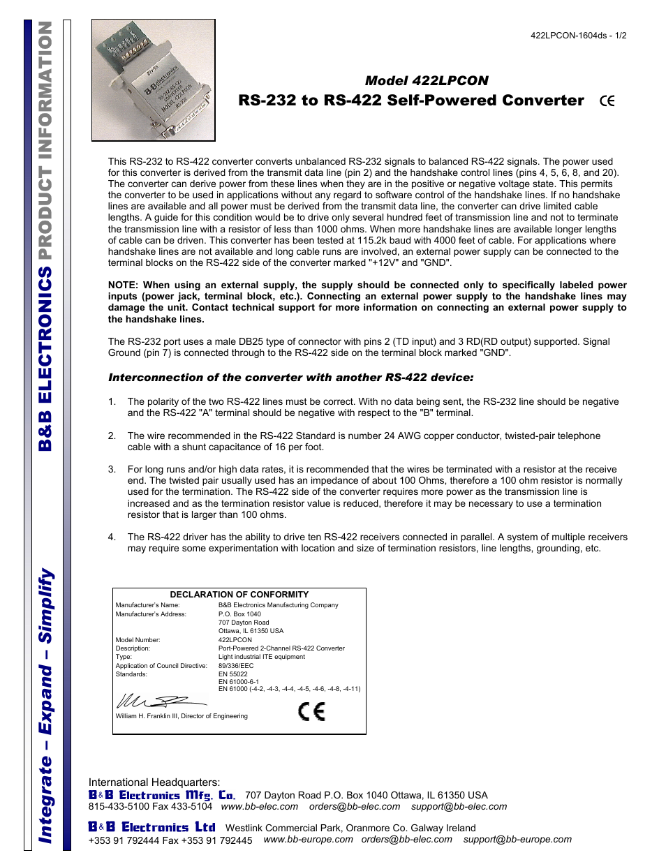 B&B Electronics 422LPCON - Datasheet User Manual | 2 pages