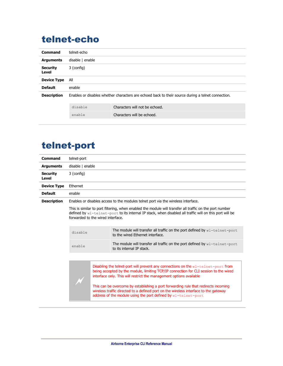 Telnet-echo, Telnet-port | B&B Electronics WLNN-AN(ER,SE,SP.EK)-DP551 - Manual User Manual | Page 208 / 264