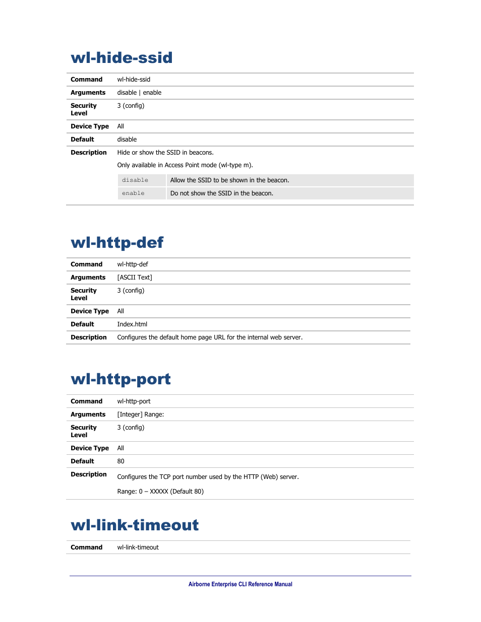 Wl-hide-ssid, Wl-http-def, Wl-http-port | Wl-link-timeout | B&B Electronics WLNN-AN(ER,SE,SP.EK)-DP551 - Manual User Manual | Page 225 / 264