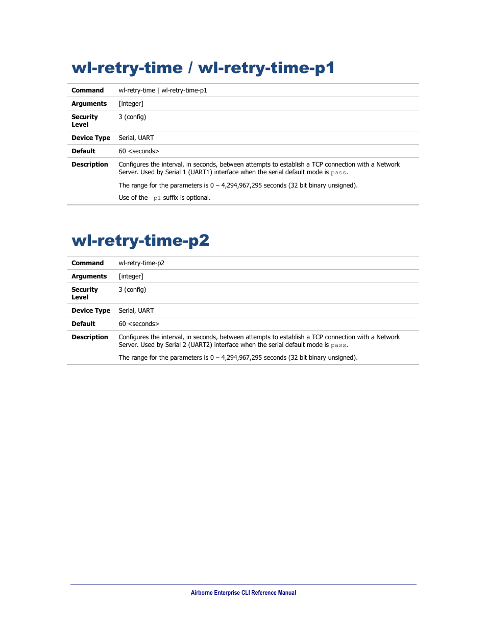 Wl-retry-time / wl-retry-time-p1, Wl-retry-time-p2 | B&B Electronics WLNN-AN(ER,SE,SP.EK)-DP551 - Manual User Manual | Page 230 / 264