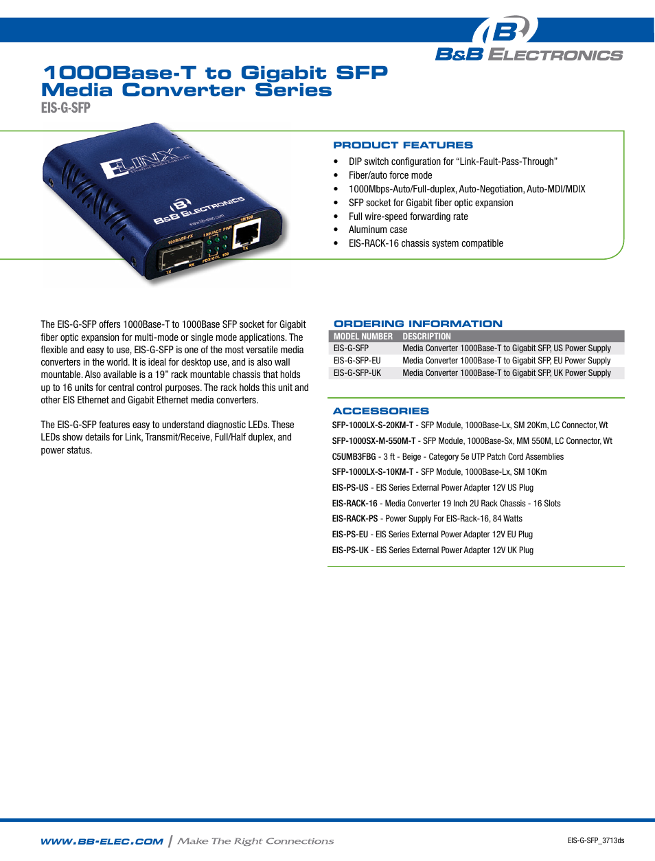 B&B Electronics EIS-G-SFP - Datasheet User Manual | 2 pages