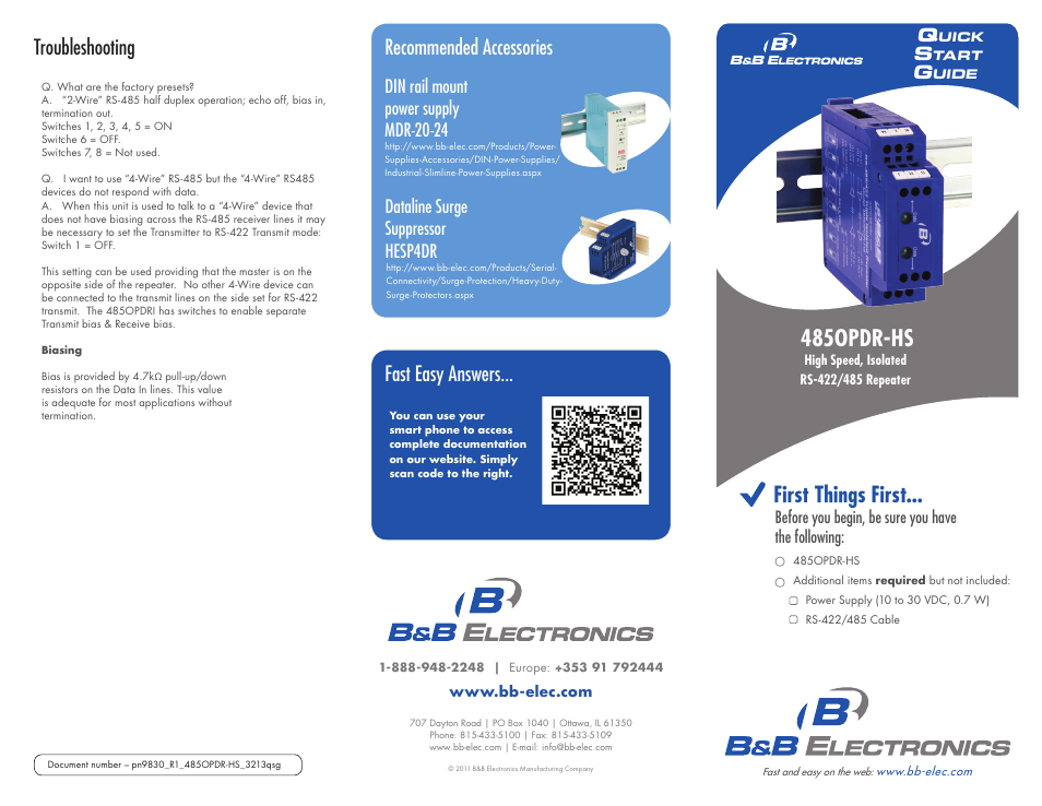 First things first, 485opdr-hs, Fast easy answers | Recommended accessories, Troubleshooting, Before you begin, be sure you have the following | B&B Electronics 485OPDR-HS - Quick Start Guide User Manual | Page 2 / 2