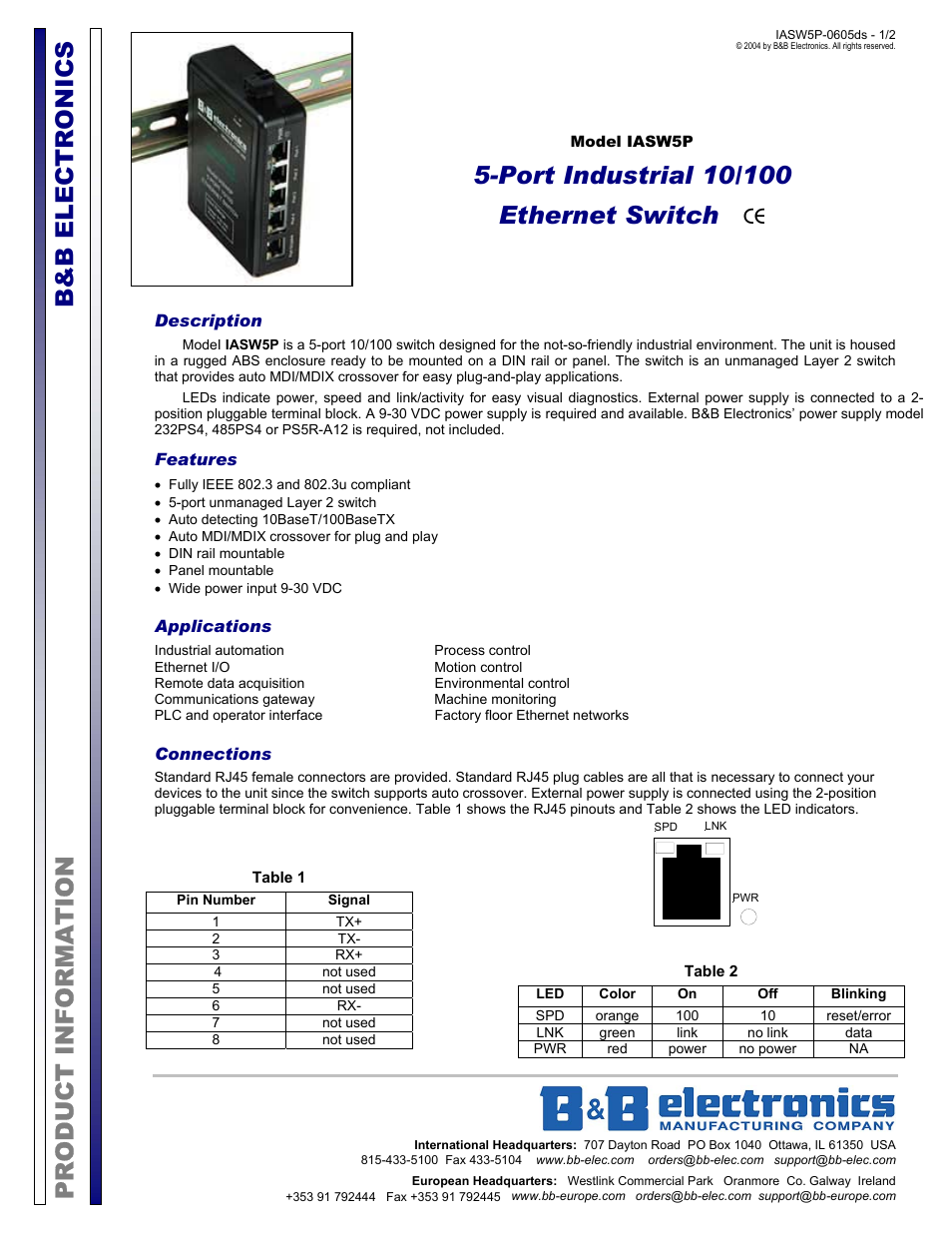 B&B Electronics IASW5P - Datasheet User Manual | 2 pages