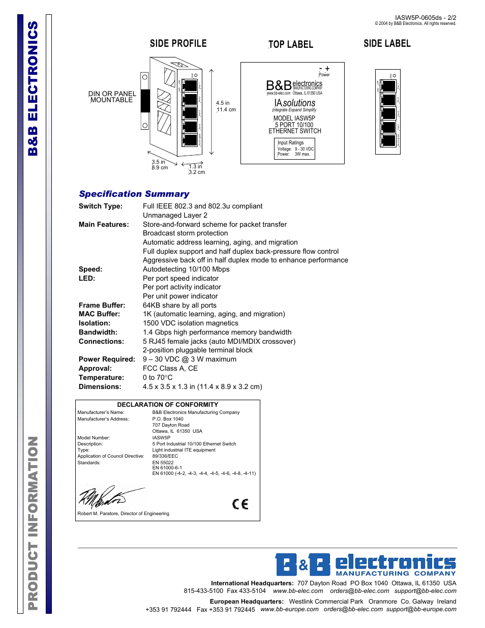 Product information b&b electronics, Top label side label, Solutions | Side profile, Specification summary, Electronics | B&B Electronics IASW5P - Datasheet User Manual | Page 2 / 2