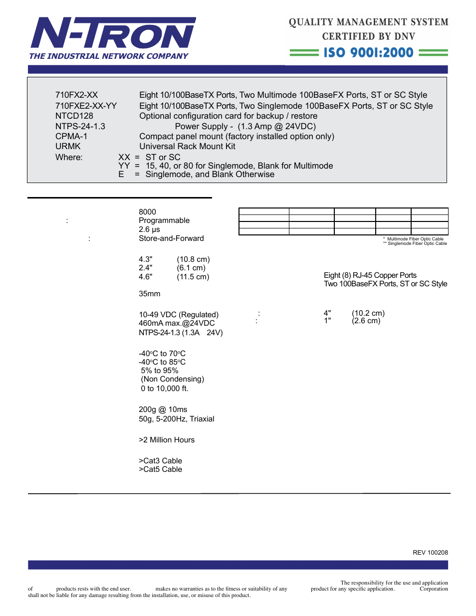 710fx2 specifi cations, Contact information | B&B Electronics 710FXE2-SC-15 - Datasheet User Manual | Page 2 / 3