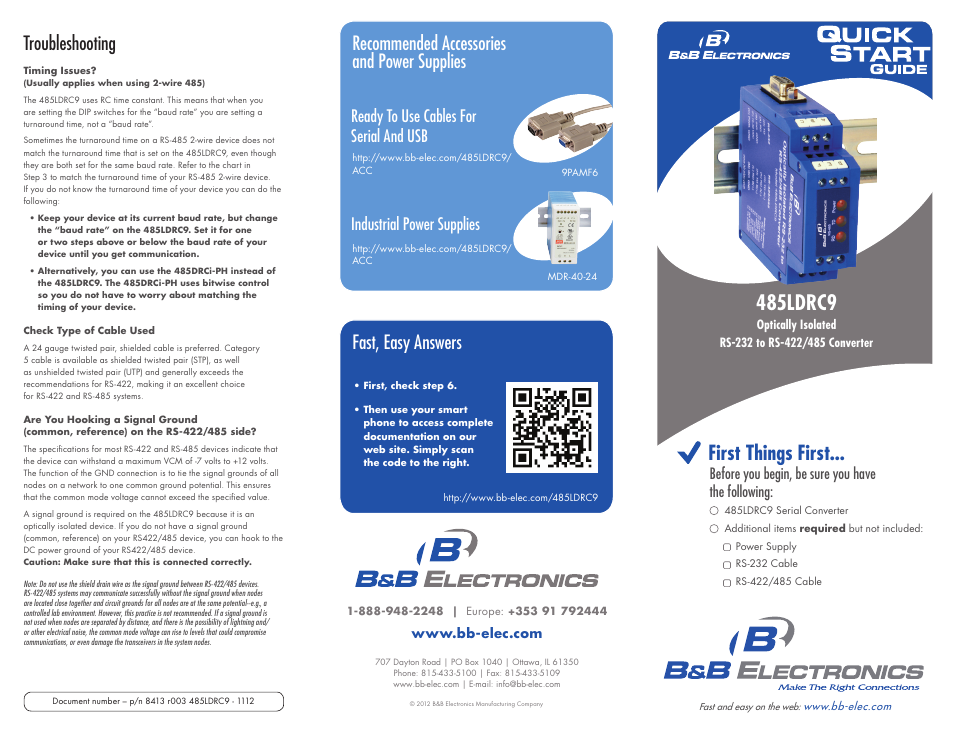 485ldrc9, First things first, Troubleshooting fast, easy answers | Recommended accessories and power supplies, Before you begin, be sure you have the following | B&B Electronics 485LDRC9 - Quick Start Guide User Manual | Page 2 / 3