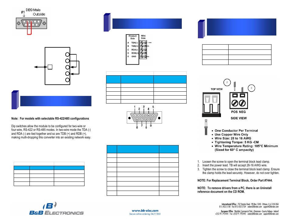 Dip switch setting, Pinouts | B&B Electronics USOPTL4-4P - Quick Start Guide User Manual | Page 2 / 2
